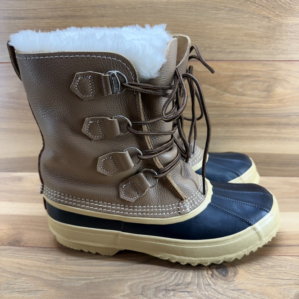 Sorel Vintage Manitou Boots Womens Canada 6 Buff Tan Leather Waterproof Faux Fur